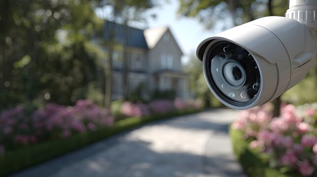 Sleek modern white security camera securely mounted on the exterior of a luxury suburban home, with a sharp macro focus on the glass lens.