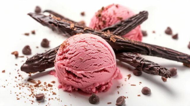 Close-up of a scoop of pink ice cream topped with chocolate chips and a cinnamon stick on a white plate.