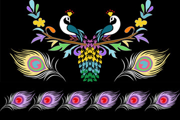 Fototapeta premium Colorful symmetrical peacock vector illustration with floral elements on black background. Decorative ethnic style artwork ideal for textile, wallpaper, print, and surface design.