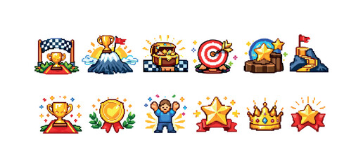 Fototapeta premium Achievement and rewards icon set. Gaming, trophy, stars, badge icons in pixel art style