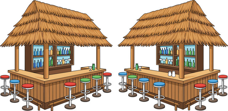 Tropical Beach Tiki Bar Illustration with Thatched Roof, Wooden Counter, Colorful Stools, and Liquor Bottles, Vector Cartoon Style Outdoor Pub