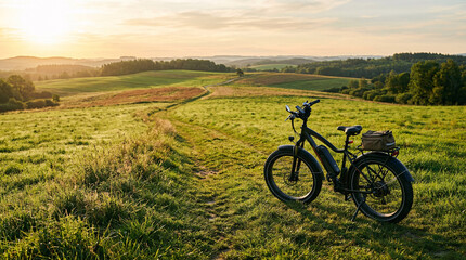 Obraz premium Electric fat bike stands on a winding dirt path through green rolling hills at golden sunset light
