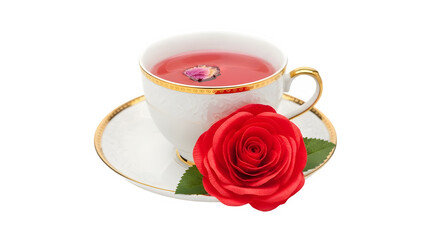 Fototapeta premium Elegant white porcelain teacup filled with vibrant crimson rose-infused liquid rests beside a lush scarlet rose blossom on a white surface.