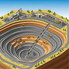 Open pit mine excavation with heavy machinery and layered geological formation. © Mull