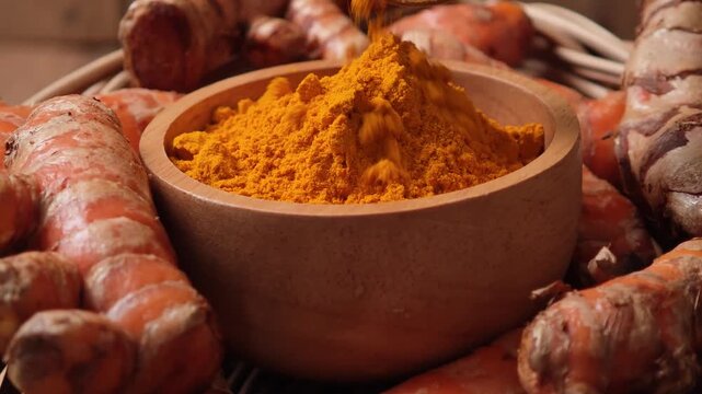 Turmeric powder in a wooden bowl