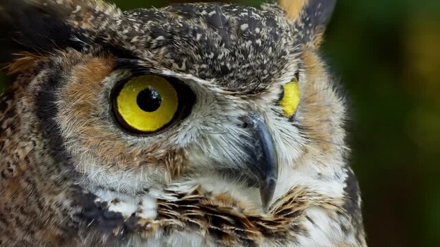 Great horned owl staring forward with vivid yellow eyes