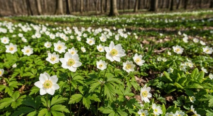 White woodland wildflowers bloom in spring, bathed in dappled sunlight with background trees