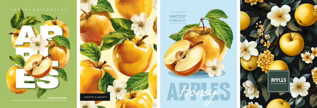 Hand drawn set of designs and patterns. Vectorized gouache illustrations. Illustrations of yellow apples with flowers and leaves for poster, prints, menu, card or textile