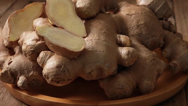 Fresh ginger in a wooden plate.