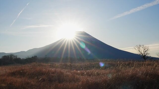 Timelapse of the Diamond Fuji effect in Japan. Sun rising over Mount Fuji.