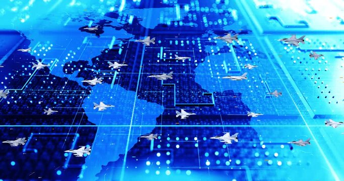 Fighter Jets Flying Over Digital World Map Background. World War Related 3D 4K Animation.