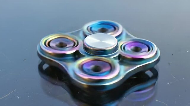 A vibrant and mesmerizing fidget toy with multiple colors spinning on a reflective surface.