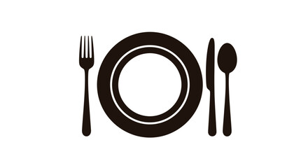 Simple dark brown vector graphic illustration depicting a formal place setting with a central plate flanked by a fork and a knife and spoon