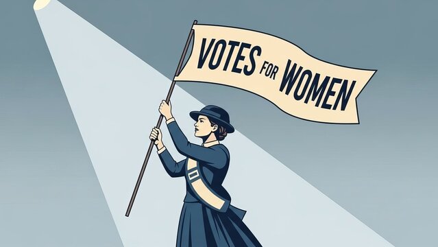 Suffragette woman in vintage attire, holding a Votes for Women banner aloft under a spotlight, against a gradient background.