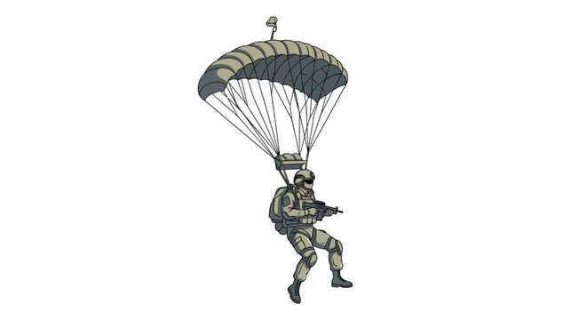 Military soldier descending from the sky using a large tactical parachute while holding a rifle during a specialized mission.