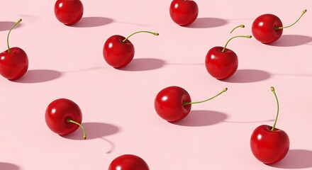 A top-down view of vibrant red cherries scattered across a soft pink surface, casting subtle shadows, capturing a serene and inviting still life scene with fresh fruit in a minimalist environment.