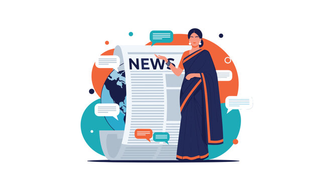 News anchor woman wearing a traditional saree standing in front of a newspaper and globe backdrop for news broadcast.