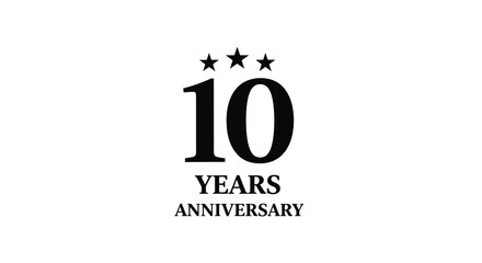 Simple black vector graphic illustration celebrating a significant ten year milestone with stars above the number.