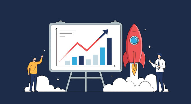 Two business professionals presenting a successful growth chart next to a launching rocket ship for startup motivation.
