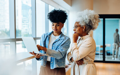 Business colleagues review laptop