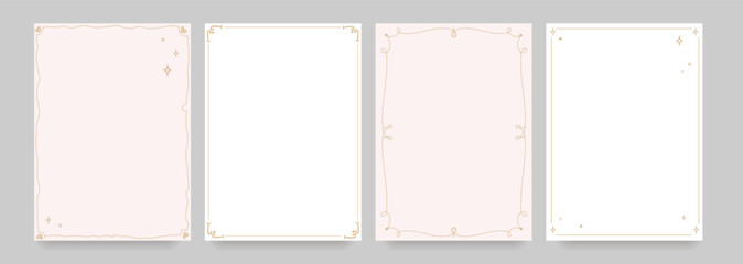 Set of elegant minimalist decorative frames with thin gold line borders with ornamental vintage inspired details for wedding invitations certificates branding templates and luxury stationery.Vector © Ilonka eva