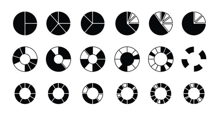 Vector illustration graphic design depicting a comprehensive set of pie charts and donut graphs for data visualization and statistical analysis.
