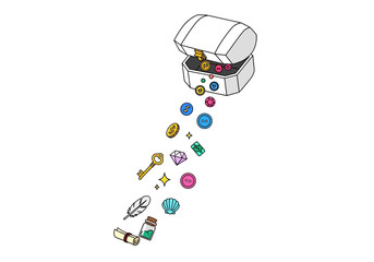 Treasure chest overflowing with jewels and precious artifacts spilling out onto a pristine white surface viewed from directly above