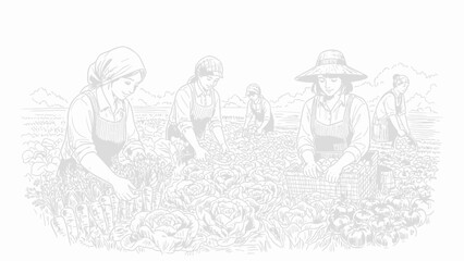 Obraz premium Women farmers harvesting organic vegetables in a field line art illustration.