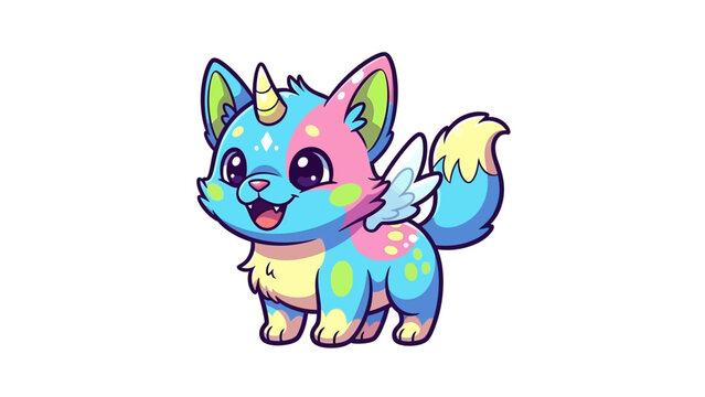 Adorable colorful fantasy kitten with a unicorn horn and wings on a white background