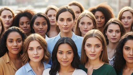 Obraz premium A diverse group of women in casual clothing stand together outdoors, looking forward with confident expressions. Diverse professional women in casual attire pose in urban outdoor setting.