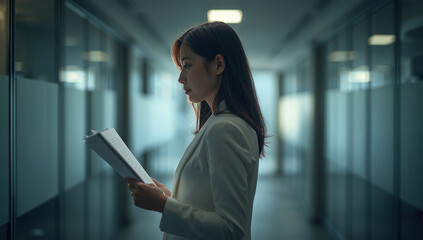 クールな光のオフィスで書類を手に考える日本人女性の横顔イメージ