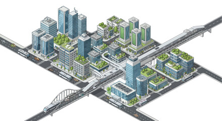 Isometric Pixel Art Cityscape with Green Buildings and Transportation © Rizal