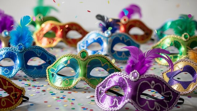 Colorful Mardi Gras masks with feathers and confetti scattered on a white surface