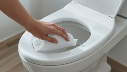 トイレの便座をシートで拭く日本人の手元と清潔な衛生管理