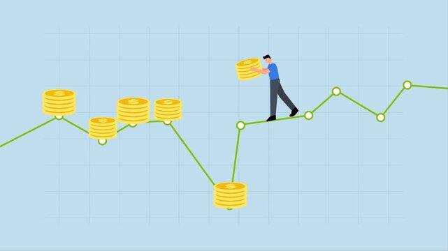 Dollar Cost Averaging , 4k animation of Intelligent entrepreneur investor who regularly adds to their stack of coins each month