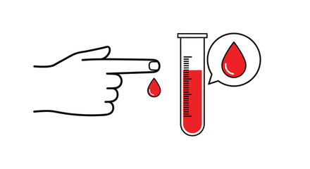 Simple line art vector illustration showing a finger prick sample collection for blood testing or glucose monitoring procedure