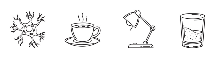 Obraz premium A versatile collection of linear icons featuring a neuron cell, a hot coffee cup, a flexible desk lamp, and a refreshing drink glass, perfect for educational, work, and lifestyle themed