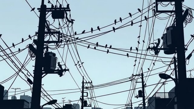 Birds perched on power line silhouettes under a clear sky, an urban landscape with utility poles and tangled wires