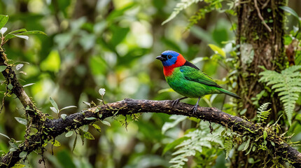 Fototapeta premium Colorful Bird Perched on a Mossy Branch in a Lush Tropical Rainforest Setting