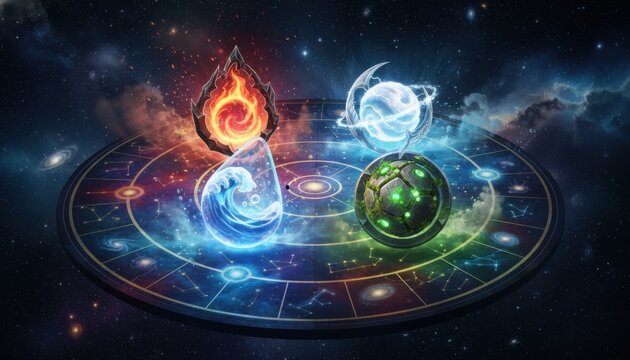 Cosmic elemental tokens representing fire water earth and air on an astrological circle