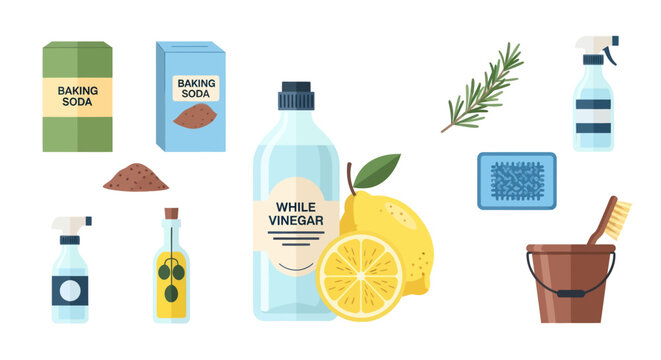 Natural Cleaning Supplies: Baking Soda, Vinegar, Lemon, Rosemary, Olive Oil