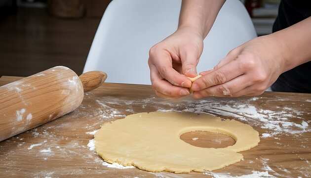 Cookie dough preparation with hands pinching pastry on a floured wooden table beside a rolling pin in a cozy kitchen