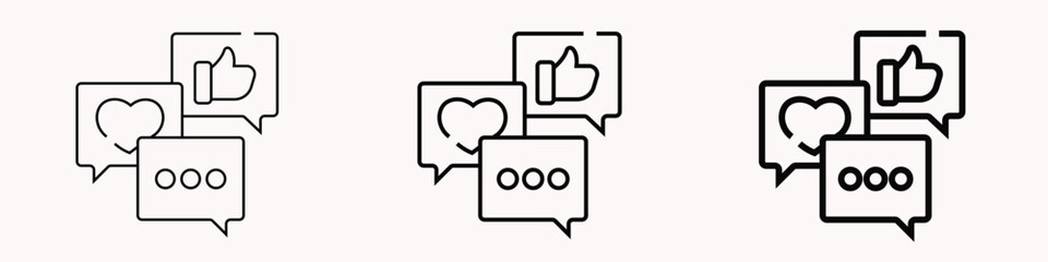 Obraz premium Like, comment and heart icon set in modern vector style, social media interaction symbols for app, web interface, feedback and online communication design