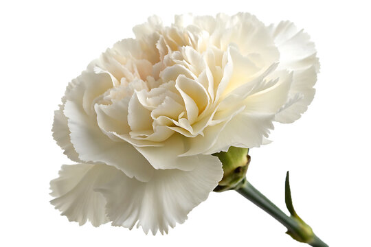 A detailed close up of a pure white carnation flower with delicate ruffled petals bathed in soft sunlight against a blurred background