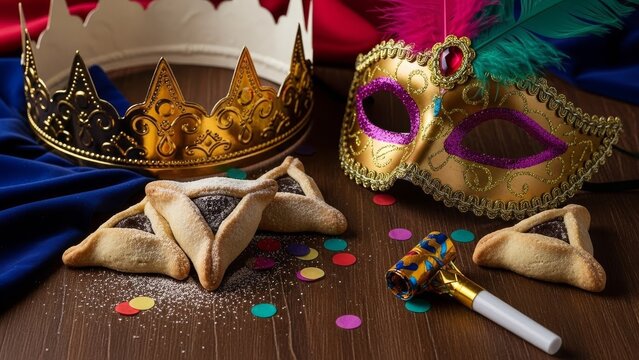 A golden crown and masquerade mask with hamantaschen cookies and confetti on a wooden table