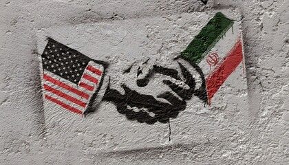 Fototapeta premium Handshake graffiti with American and Iranian flags on a rough concrete wall symbolizing diplomacy, conflict resolution and peace
