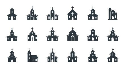 Set of Simple Church Building Icons with Crosses, Minimalist Christian Architecture Silhouettes