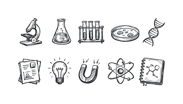 Science and education hand-drawn icon set. chemistry, biology sketch icons collection.