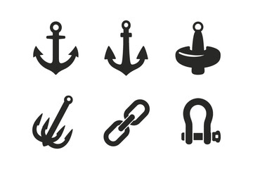 Collection of nautical and marine equipment icons including anchors, chain, and shackle