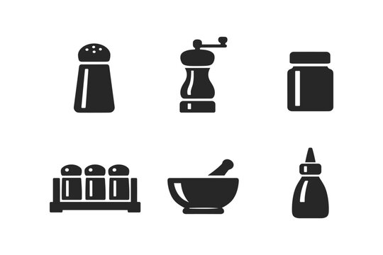 Collection of kitchen condiment and spice icons in a clean, modern vector style